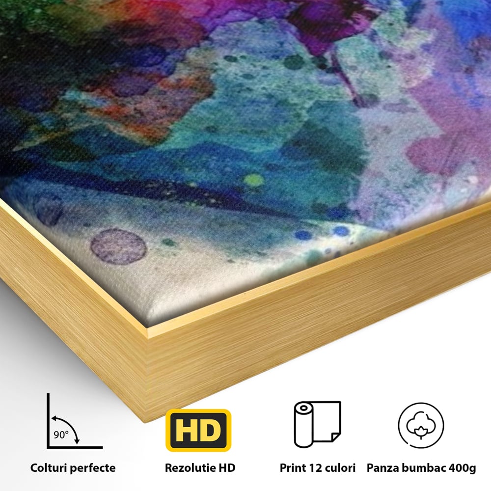 Detaliu al suprafetei: tablou canvas cu inima colorata, in rama de aluminiu auriu